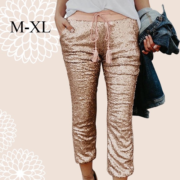 TWO LEFT! Rose Gold Sequin Pants - Picture 2 of 9